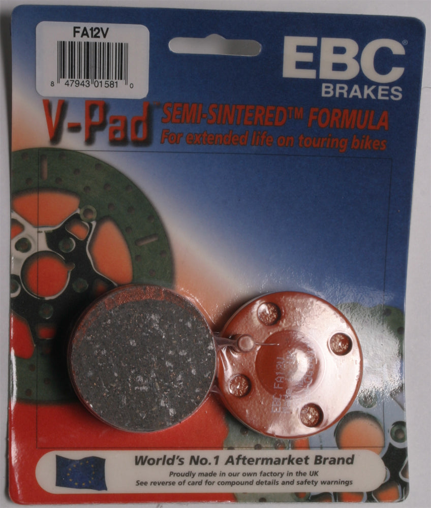 EBC Motorcycle Brakes V-Series brake pads with metal backing and friction material for 15-12V motorcycle braking systems