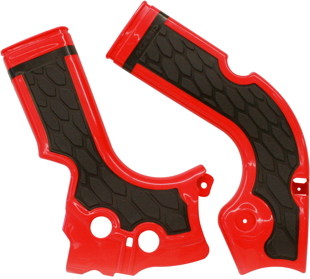 Acerbis X-Grip Frame Guard in red and black mounted on motorcycle frame, with textured protective surface for durability.