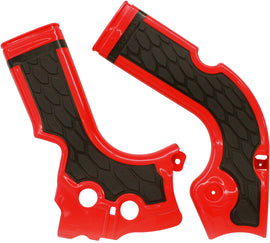 Acerbis X-Grip Frame Guard in red and black mounted on motorcycle frame, with textured protective surface for durability.