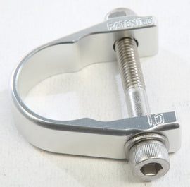 Silver AXIA ALLOY 1.0-inch strap clamp, durable metal connector with screw tightening for secure fastening.