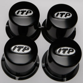 Set of four ITP Steel 4/110 black wheel caps, designed to fit 4/110 wheel components for trucks and ATVs.