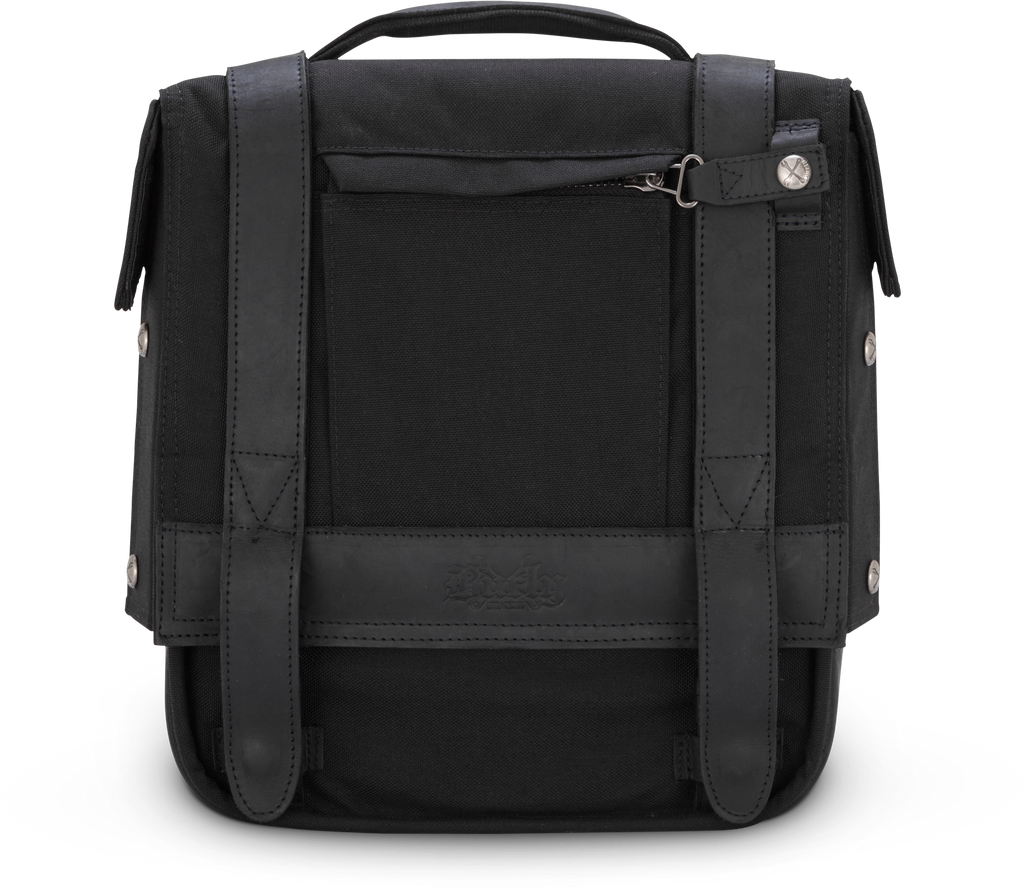 Black Burly Brand single saddlebag for motorcycle luggage with durable design and secure straps.