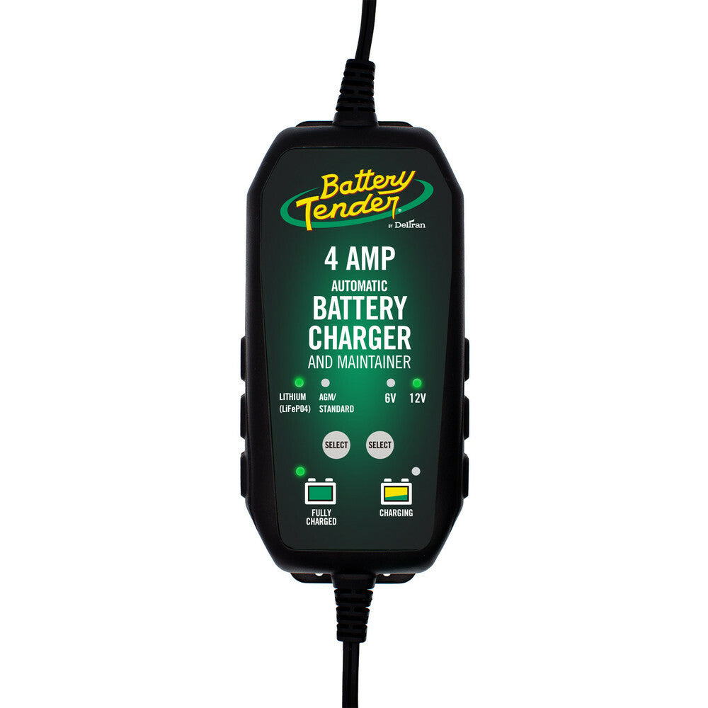 Battery Tender 4 Amp 6/12V battery charger with adjustable settings and cables, designed for automotive and motorcycle batteries.