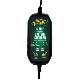 Battery Tender 4 Amp 6/12V battery charger with adjustable settings and cables, designed for automotive and motorcycle batteries.