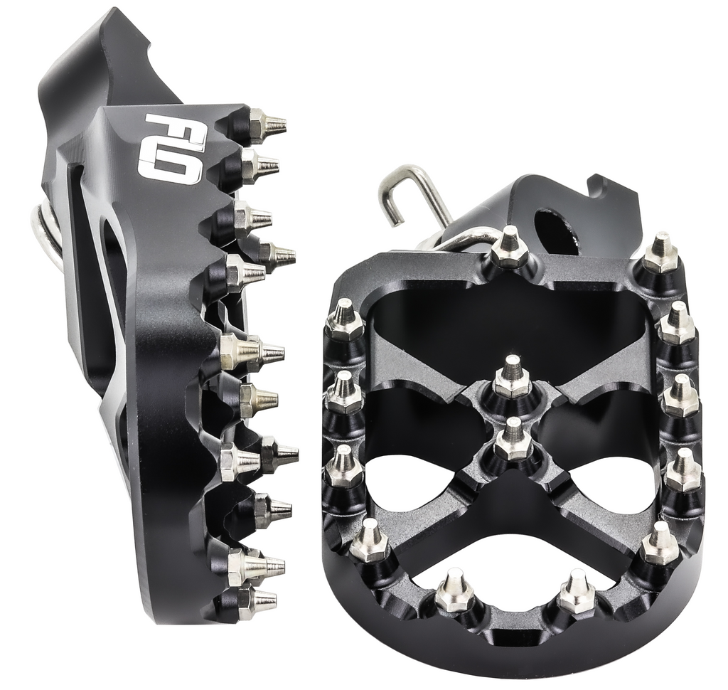 Flo Motorsports Flo Foot Peg Hon Black, durable motorcycle foot controls with textured surface for improved grip.