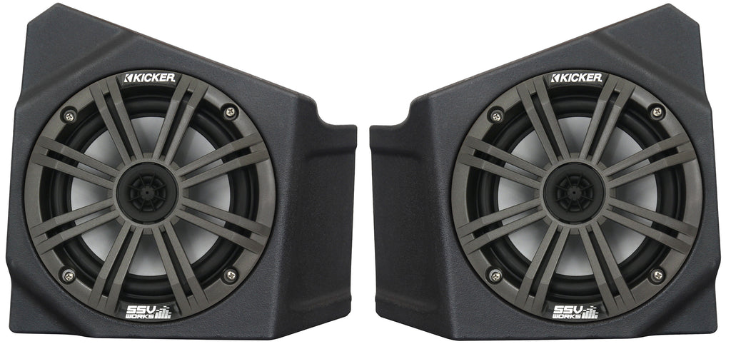 SSV Works 6.5-inch cage mount pods for Kicker Kaw audio system, black speaker enclosures with mounting brackets.