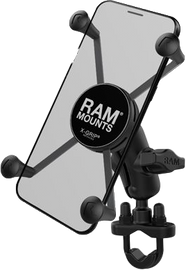 Ram X-Grip large phone mount with handlebar U-bolt base, designed for secure attachment to bike or motorcycle handlebars.
