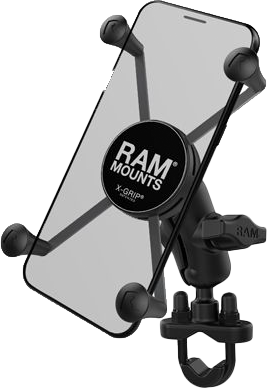 Ram X-Grip Large Phone Mount with U-Bolt Base attached to a handlebar for secure smartphone holding and easy access.