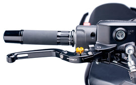 Black PUIG lever adapter brake lever for motorcycle, showing close-up of the sleek, durable metal design.