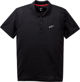 Alpine Star Realm Polo in black, size small, featuring a classic polo shirt design with collar and short sleeves.