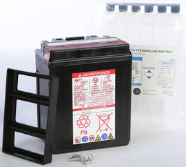 Yuasa YTX14AH-BS maintenance-free motorcycle battery with positive and negative terminals, compact design, and durable casing.