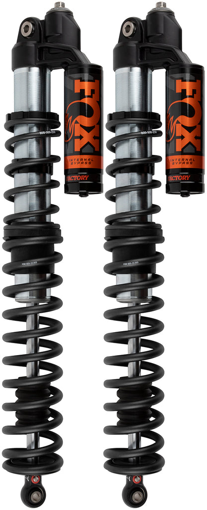 Fox IBP Factory Series 2.5-inch race suspension shock, showing the sleek black exterior and mounting components.