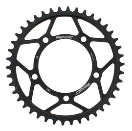 Steel Supersprox 42-tooth rear sprocket for 525 chain, black finish, durable motorcycle part, shown in image.