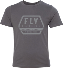 Load image into Gallery viewer, Gray Fly Racing Youth Fly Track Tee with Fly Racing logo, casual short-sleeve shirt for active kids.
