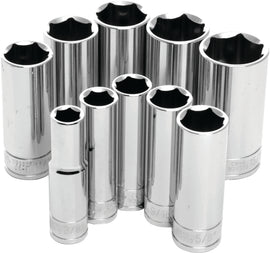 Performance Tool 10-piece 3/8-inch SAE socket set with deep sockets, displayed in a toolbox for automotive or repair use.