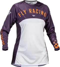Fly Racing Women's Lite Jersey in Deep Purple, White, and Neon Coral, featuring breathable fabric and sporty design.