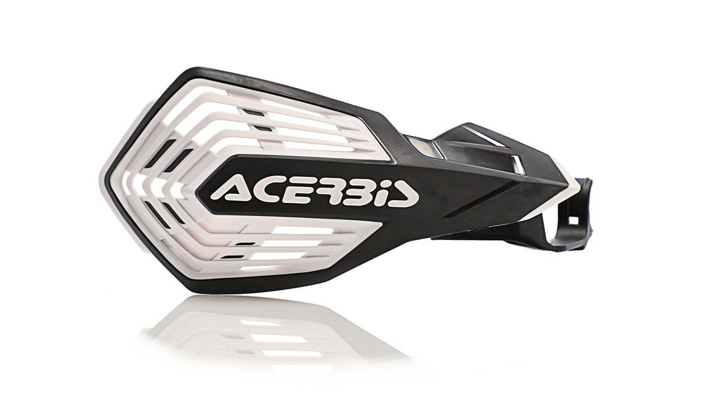 Acerbis K-Future black and white handguard for motorcycle handlebars, featuring durable plastic shield and mounting hardware.