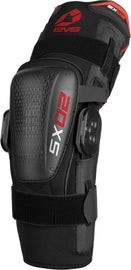 Black EVS Sx02 Knee Brace in size small with adjustable straps and supportive design for knee protection and stability.