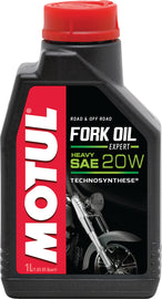 Motul Expert Fork Oil 20w in a 1-liter bottle, ideal for motorcycle suspension forks, with product label visible.