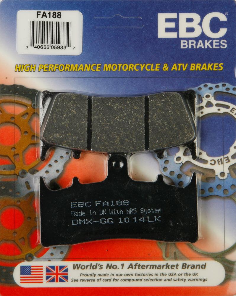 EBC Motorcycle Brakes brake pads 15-188, high-performance brake pads with metal backing and friction material for motorcycle stopping power