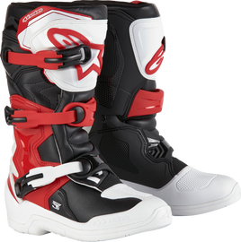 Alpine Star Tech 3s youth motocross boots in white, black, and red with size 7, featuring sturdy construction and secure straps.