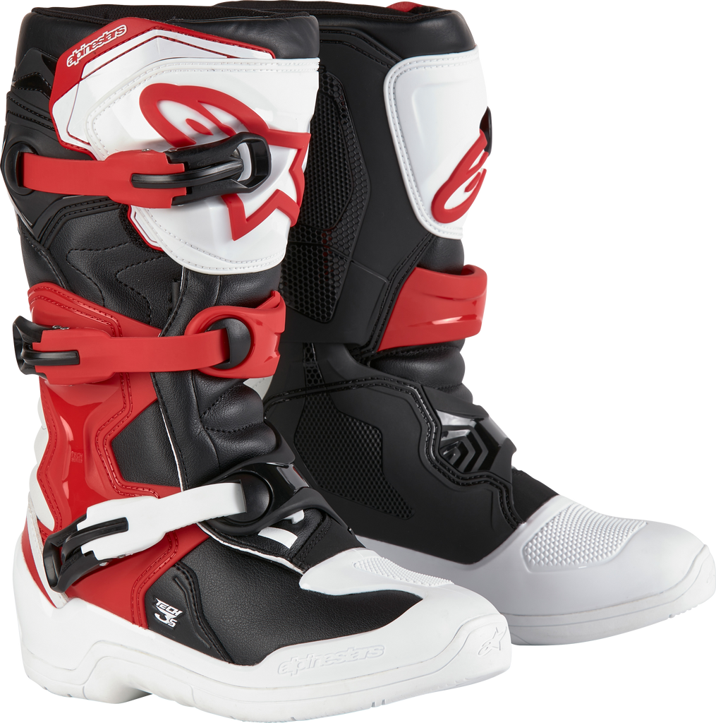 Alpine Star Tech 3s youth motocross boots in white, black, and red with size 6, showing front view and ankle support features.