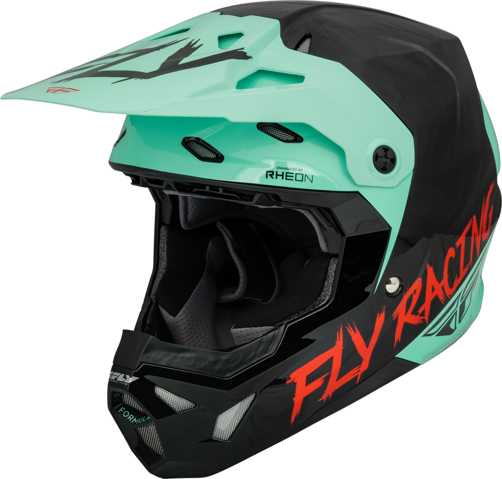 Fly Racing Formula Cp S.E. Rave helmet in black, mint, and red with helmet design and branding details.