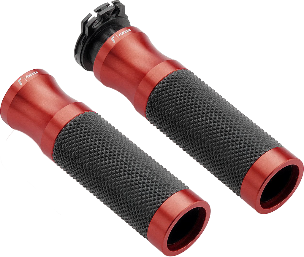 Red RIZOMA Sport 22mm motorcycle grips with textured surface and branding, designed for a secure and stylish grip.