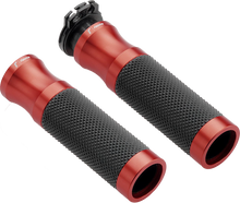 Load image into Gallery viewer, Red RIZOMA Sport 22mm motorcycle grips with textured surface and branding, designed for a secure and stylish grip.