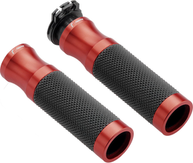 Red RIZOMA Sport 22mm motorcycle grips with textured surface and branding, designed for a secure and stylish grip.