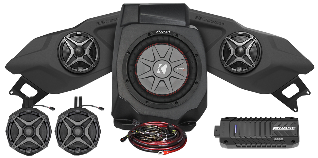 SSV Works 5-speaker plug-and-play kit for Ride Command systems, showing audio connection components and wiring.
