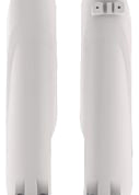Polisport Plastics white fork guards for Beta motorcycle, durable plastic body protection for front suspension.