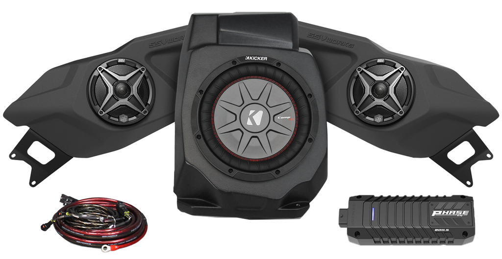 SSV Works 3 speaker plug-and-play kit for Ride Command, showing the wiring harness and connection components.