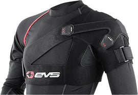 EVS Sb03 Shoulder Support in medium size, black with adjustable straps, designed for shoulder stabilization and support.
