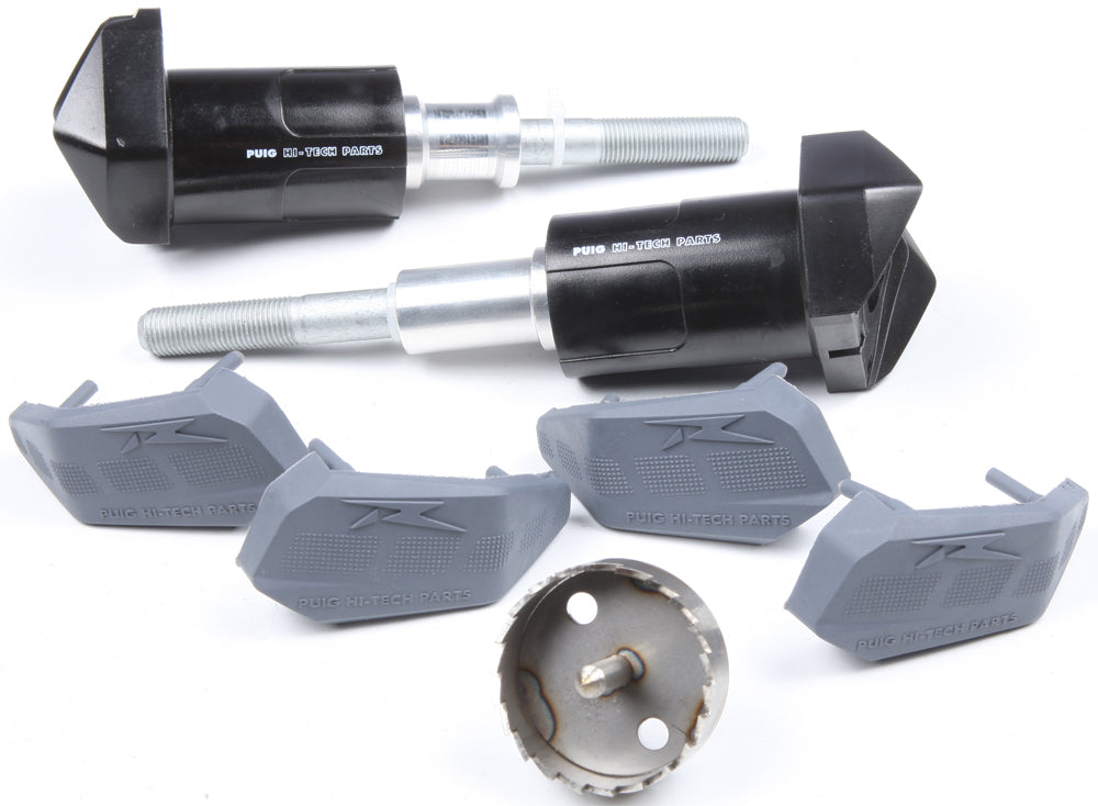 PUIG R12 black frame sliders for motorcycle body protection, shown on a bike in the product image.