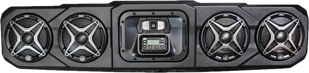 SSV Works overhead 4 speaker kit installed in Can Am Defender showing speakers and mounting hardware for off-road audio.