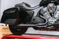 Sawicki Speed Shop Indian Challenger mid-length Cannon Black exhaust system installed on motorcycle, showing sleek black finish.