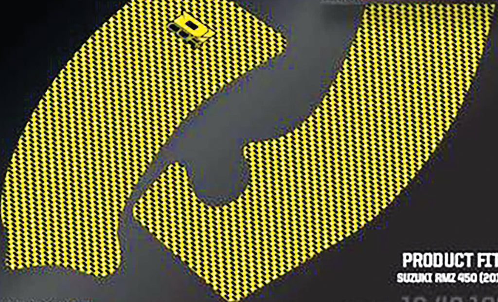 Yellow DCOR Frame Grip Guard decal with graphic design, featuring bold black accents and a sleek, modern look for vehicle protection.