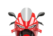 Load image into Gallery viewer, PUIG R-Racer Smoke Windscreen for motorcycle, clear tinted windshield with aerodynamic design and mounting hardware visible.