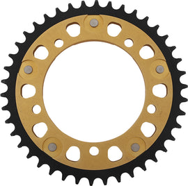Supersprox rear stealth alloy and steel 42-tooth motorcycle sprocket for on-road bikes, gold finish with visible teeth and mounting holes.