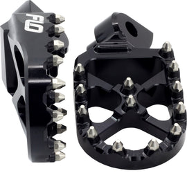 Flo Motorsports Pro Series black foot pegs for Suzuki, featuring durable metal construction and textured surfaces for grip.