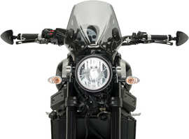 PUIG black right handlebar end folding mirror for motorcycle, showing the compact mirror with mounting bracket.