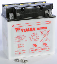 Yuasa YB16C-B conventional car battery with positive and negative terminals, designed for reliable vehicle power.