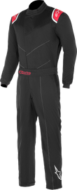 Alpine Star black and red universal driving suit with zip closure, displayed on a hanger.