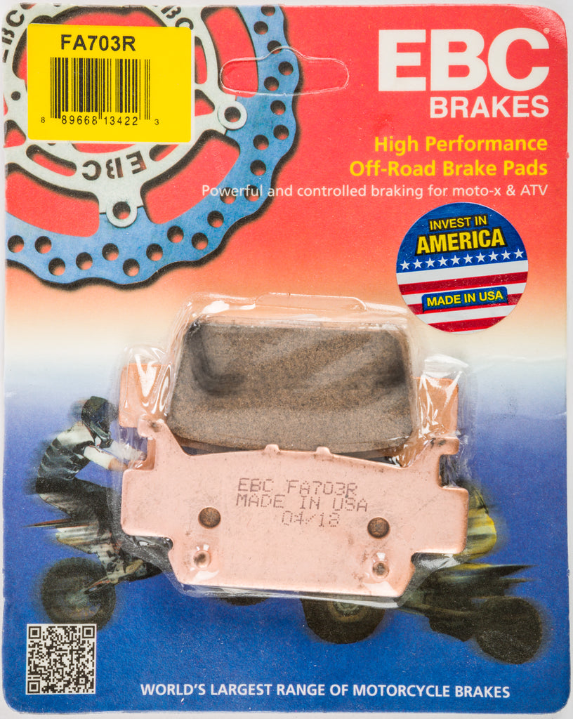 EBC Motorcycle Brakes Fa703r Sintered R Series brake pads showing metal backing and friction material for motorcycle braking systems.