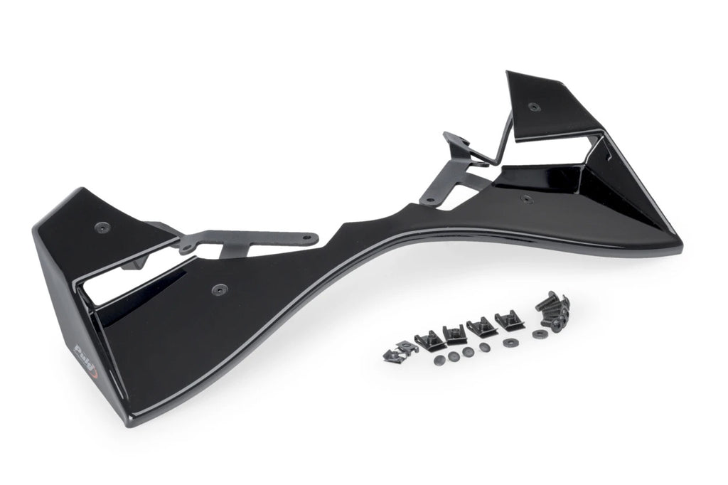 Black PUIG front GP spoiler body part for Suzuki motorcycle, shown installed on the vehicle with a sleek, aerodynamic design.