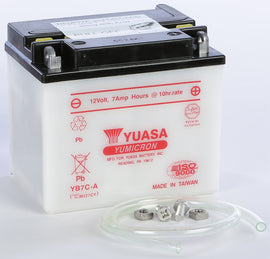 Yuasa Yb7c-A conventional 12V car battery with positive and negative terminals, showing the battery case and labels.
