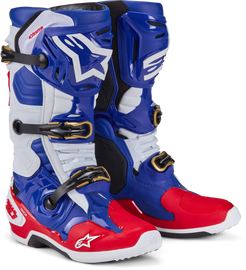 Alpine Star Tech 10 Le motorcycle boots in red, dark blue, and white with size 8, featuring durable design and reinforced soles.
