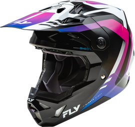 Fly Racing Formula Cp Krypton helmet in white, black, and purple, size XL, featuring a sleek, aerodynamic design.