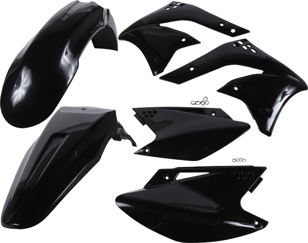 Acerbis black plastic kit for motorcycle, featuring various plastic panels and parts laid out on a white background.